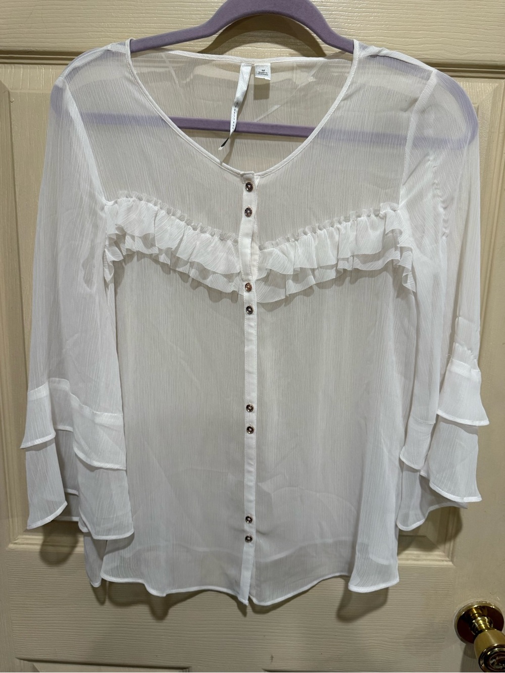 LC Lauren Conrad White Sheer Ruffle-Trim Button Front Blouse